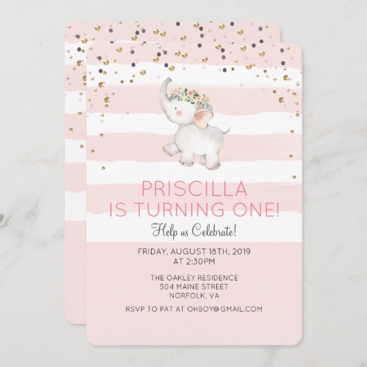 ANY AGE - Olifant Meisje Verjaardag uitnodiging (Voorkant / Achterkant)