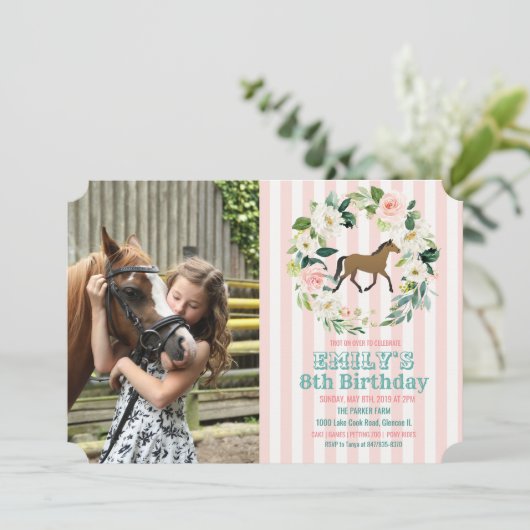 ANY AGE - Paard Bloemen Verjaardag Foto uitnodigin Kaart (Staand voorkant)