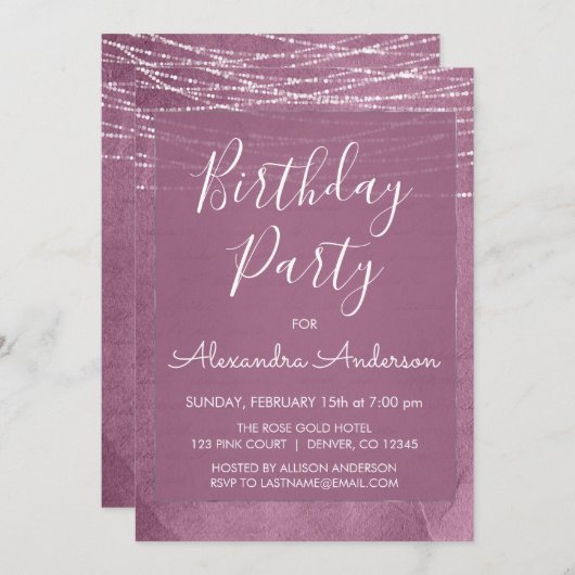 Any Age Paarse String Lights Verjaardagsfeest Kaart (Voorkant / Achterkant)