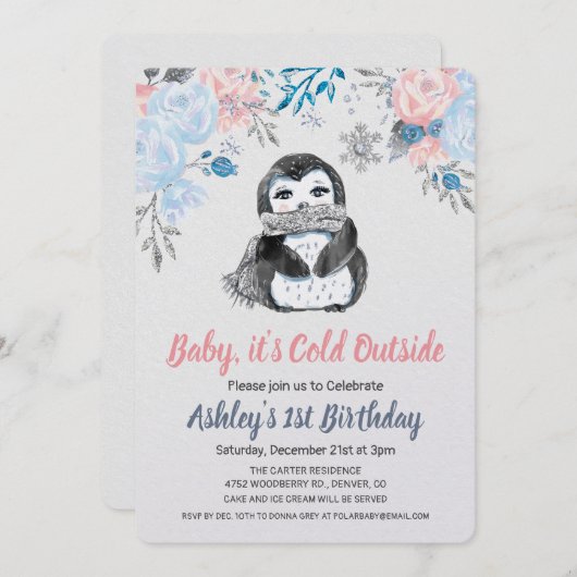ANY AGE - Pinguïn Bloemen Verjaardag Uitnodiging (Voorkant / Achterkant)