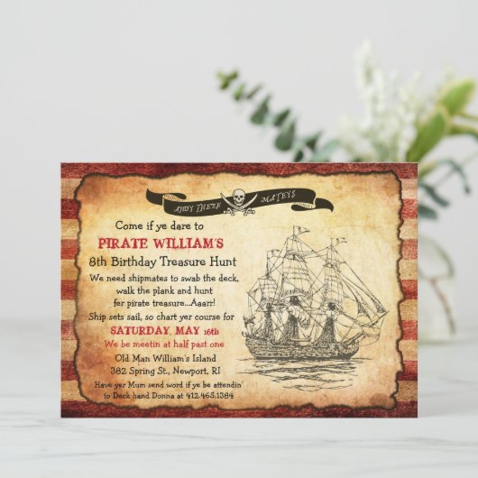 ANY AGE -  Pirate Verjaardagsfeestuitnodiging Kaart (Staand voorkant)