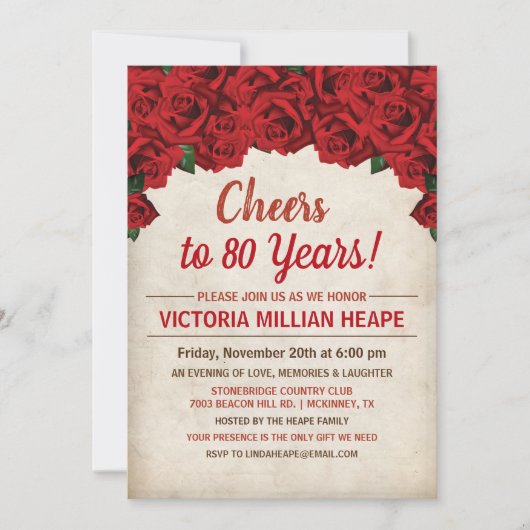 ANY AGE - rode rozen mijlpaal verjaardag uitnodigi Kaart (Voorkant)