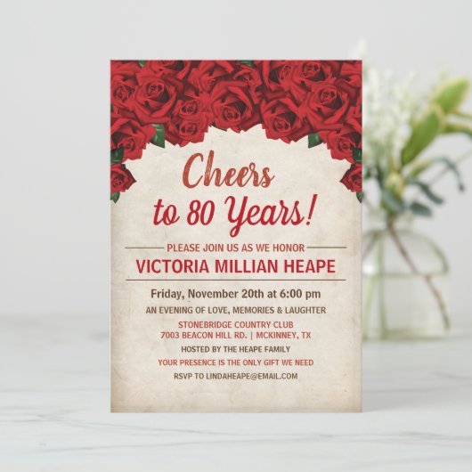 ANY AGE - rode rozen mijlpaal verjaardag uitnodigi Kaart (Staand voorkant)