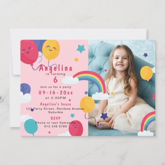 ANY AGE roze ballonnen & regenbogen 2-foto Verjaar Kaart (Voorkant)