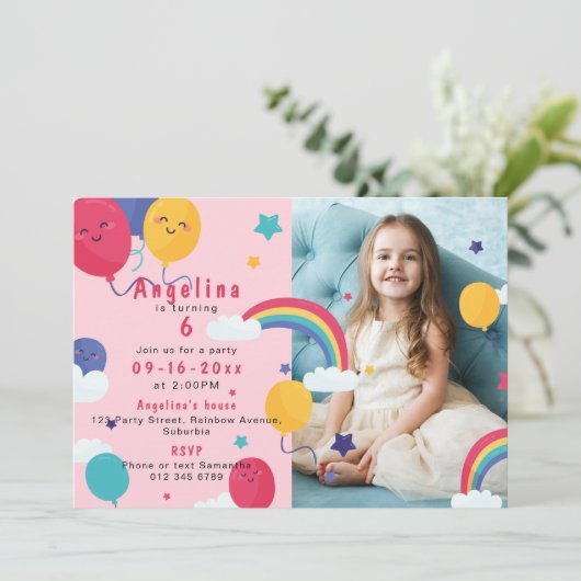 ANY AGE roze ballonnen & regenbogen 2-foto Verjaar Kaart (Staand voorkant)