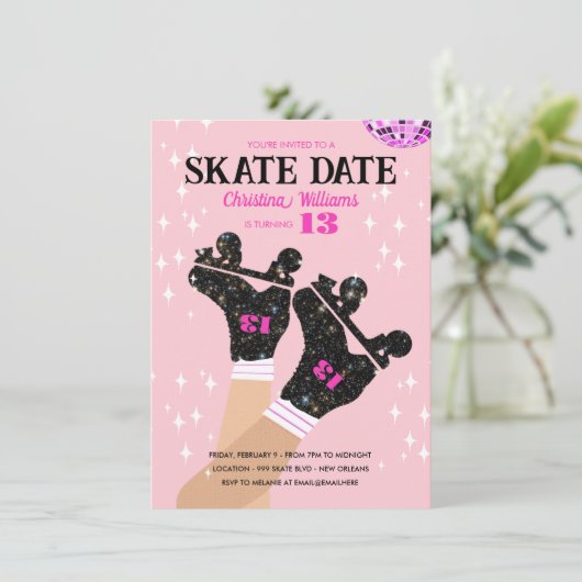 Any Age Roze Disco Roller Schaats Verjaardag Kaart (Staand voorkant)