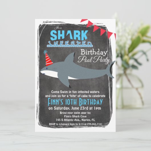 ANY AGE - Shark Pool Party Verjaardag uitnodiging (Staand voorkant)