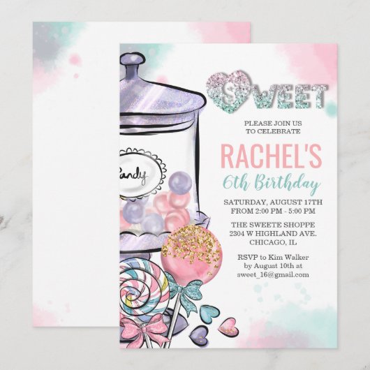 ANY AGE - Snoep thema Verjaardagsuitnodiging Kaart (Voorkant / Achterkant)