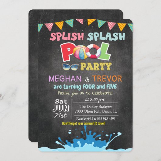 ANY AGE - Splish Splash Dual Pool Party uitnodigin Kaart (Voorkant / Achterkant)