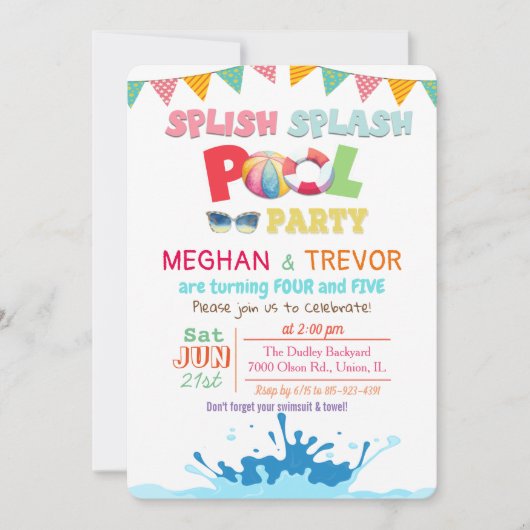 ANY AGE - Splish Splash Dual Pool Party uitnodigin Kaart (Voorkant)