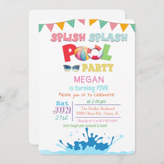 ANY AGE - Splish Splash Pool Party uitnodiging (Voorkant / Achterkant)