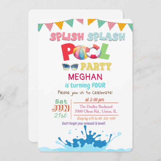 ANY AGE - Splish Splash Pool Party uitnodiging (Voorkant / Achterkant)