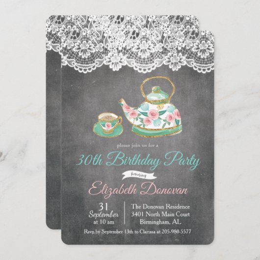 ANY AGE - Tea Party Bloemen Verjaardag Uitnodiging (Voorkant / Achterkant)
