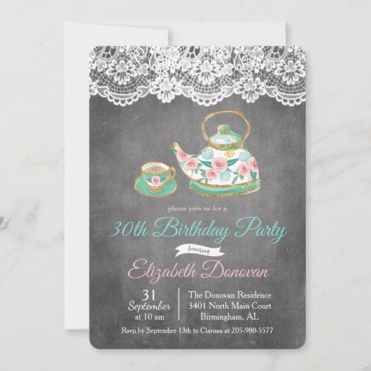 ANY AGE - Tea Party Bloemen Verjaardag Uitnodiging (Voorkant)