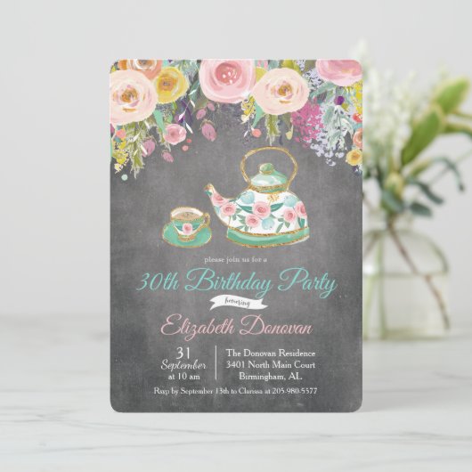 ANY AGE - Tea Party Bloemen Verjaardag Uitnodiging (Staand voorkant)