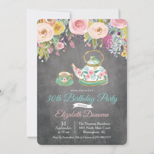 ANY AGE - Tea Party Bloemen Verjaardag Uitnodiging (Voorkant)