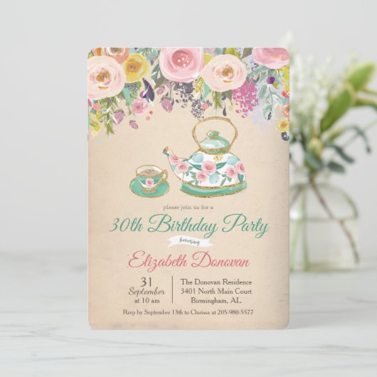 ANY AGE - Tea Party Bloemen Verjaardag Uitnodiging (Staand voorkant)