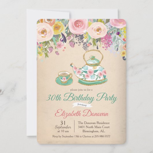 ANY AGE - Tea Party Bloemen Verjaardag Uitnodiging (Voorkant)