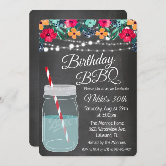 ANY AGE - Verjaardag BBQ Mason Jar uitnodiging (Voorkant / Achterkant)