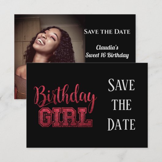 Any Age Verjaardag Bewaar de datum Foto Glitter Zw Aankondiging (Voorkant / Achterkant)