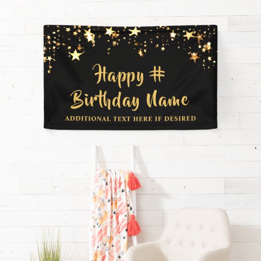 ANY AGE Verjaardag Black Gold Stars Custom Bericht Spandoek (Insitu)
