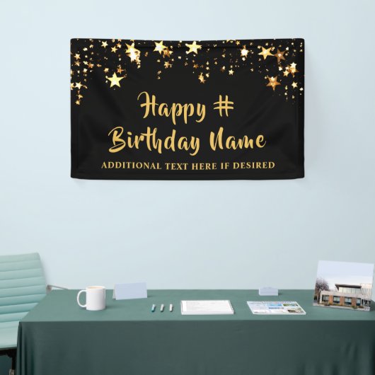 ANY AGE Verjaardag Black Gold Stars Custom Bericht Spandoek (Beurs)