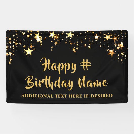 ANY AGE Verjaardag Black Gold Stars Custom Bericht Spandoek (Horizontaal)