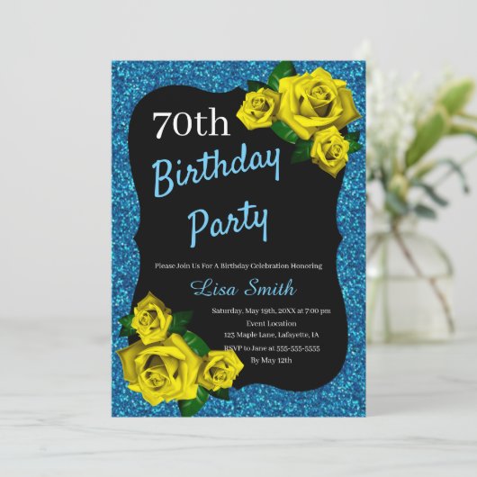 Any Age Verjaardag Blauw Glitter Gele Rozen Kaart (Staand voorkant)