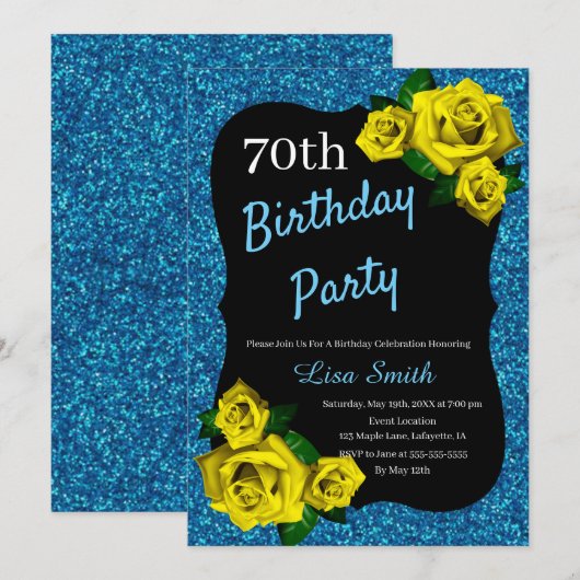 Any Age Verjaardag Blauw Glitter Gele Rozen Kaart (Voorkant / Achterkant)