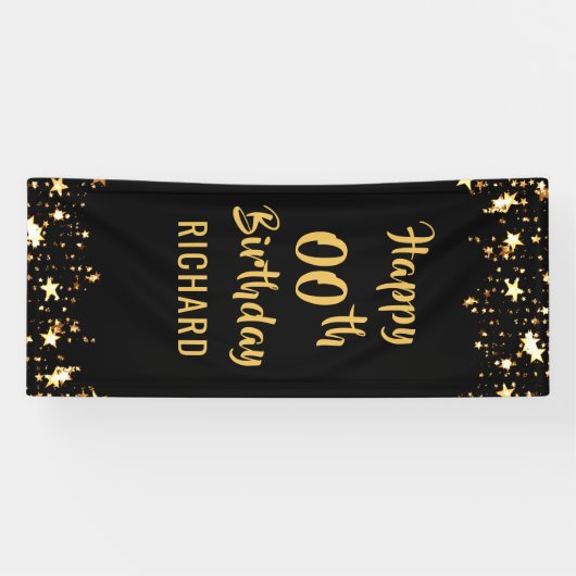 ANY AGE Verjaardag Borstel Scrip Zwart Goud Sterre Spandoek (Horizontaal)