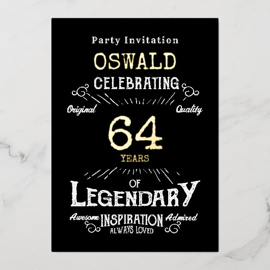 Any Age Verjaardag Geboren Legendary Zwart Goud Re Folie Uitnodiging (Voorkant)