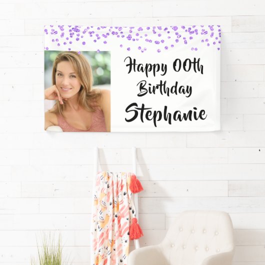 Any Age Verjaardag Paarse Confetti Script Foto Spandoek (Insitu)