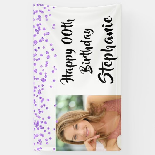Any Age Verjaardag Paarse Confetti Script Foto Spandoek (Verticaal)