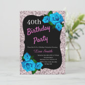 Any Age Verjaardag Roze Glitter Blauw Rozen Kaart (Staand voorkant)