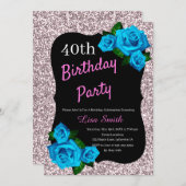 Any Age Verjaardag Roze Glitter Blauw Rozen Kaart (Voorkant / Achterkant)