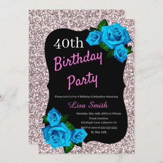 Any Age Verjaardag Roze Glitter Blauw Rozen Kaart (Voorkant / Achterkant)