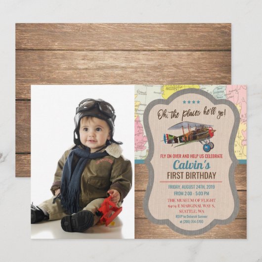ANY AGE -  Vliegtuig Jongen Verjaardagsuitnodiging Kaart (Voorkant / Achterkant)