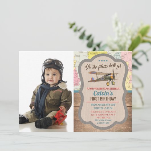ANY AGE - Vliegtuigfoto Verjaardag uitnodiging (Staand voorkant)