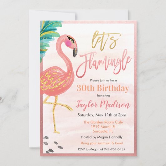 ANY AGE - Waterverf Flamingo Verjaardagsuitnodigin Kaart (Voorkant)