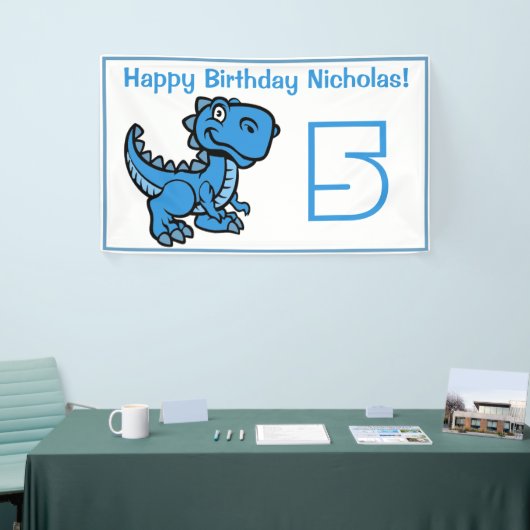 Any Age White en Blue T Rex Dinosaurus Verjaardag Spandoek (Beurs)