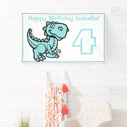 Any Age Wit en Blauwgroen T Rex Dinosaur Verjaarda Spandoek (Insitu)