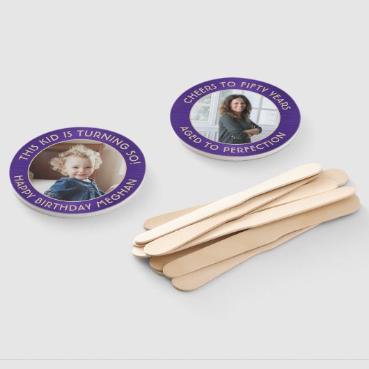 ANY Birthday 2 foto's geborsteld Paarse & gouden r Handwaaier (Niet-gemonteerd)