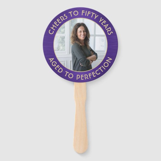 ANY Birthday 2 foto's geborsteld Paarse & gouden r Handwaaier (Achterkant)