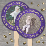 ANY Birthday 2 foto's geborsteld Paarse & gouden r Handwaaier<br><div class="desc">Voeg een coole gepersonaliseerde touch toe aan verjaardagsfeestdecoraties met stijlvolle aangepaste foto paarse en gouden handventilatoren. Afbeeldingen en alle bewoordingen op deze sjabloon zijn eenvoudig aan te passen voor elke gelegenheid of om een favoriete offerte of grappig gezegde op te nemen. (AFBEELDING PLACEMENT TIP: Een eenvoudige manier om een foto...</div>