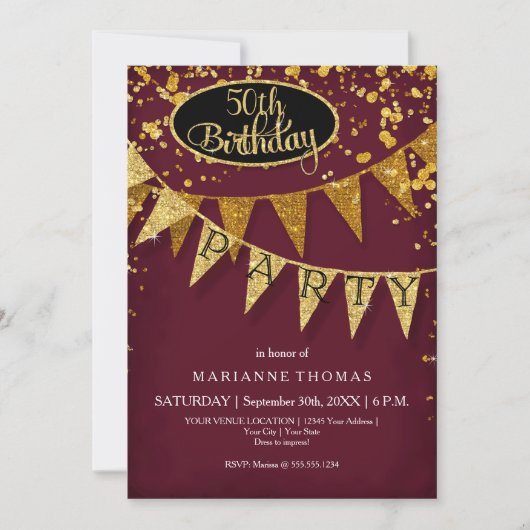 Any Birthday Burgundy Gold Pennant Banner Confetti Kaart (Voorkant)