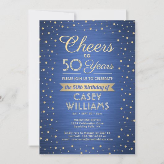 ANY Birthday Cheers Brushed Blue en Gold Confetti Kaart (Voorkant)