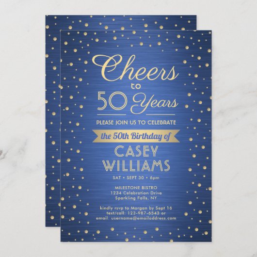 ANY Birthday Cheers Brushed Blue en Gold Confetti Kaart (Voorkant / Achterkant)