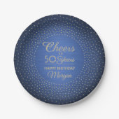 ANY Birthday Cheers Brushed Blue en Gold Confetti Papieren Bordje (Voorkant)