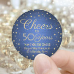 ANY Birthday Cheers Brushed Blue en Gold Confetti Ronde Sticker<br><div class="desc">Add a personalized finishing touch to birthday party thank you notes or favors with these blue and gold round stickers / envelope seals. This template is set up for a 50th birthday, but is simpal to customize to another year or event, such as an verjaarary. Design features foil look confetti...</div>