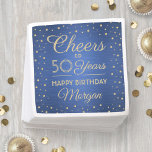 ANY Birthday Cheers Brushed Blue en Gold Confetti Servet<br><div class="desc">Add an elegant personalized touch to birthday decorations with these custom blue and gold paper napkins. This template is set up for a fiftieth birthday celebration, but is Simple to customize to a different year. Moderne ontwerpen van het kalligraphy script editable "Cheers to 50 Years" and glittery foil look confetti...</div>